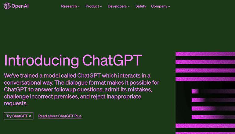 Chat GPT website screen capture or artificial intelligence news graphic