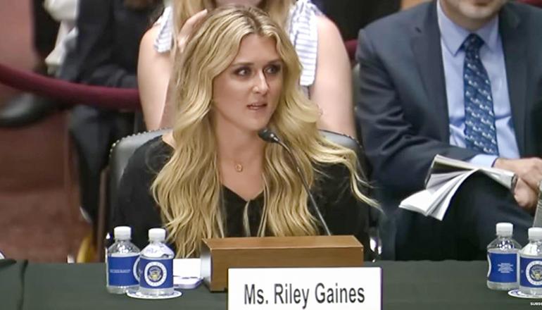 Screenshot of Riley Gains testifying at Senate hearing