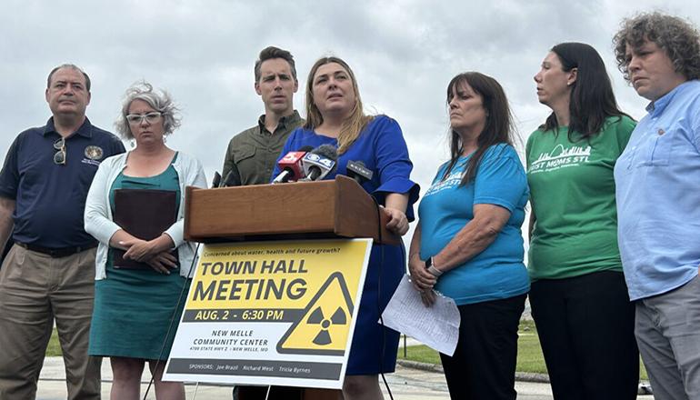 State Rep. Tricia Byrnes, center, speaks at a press conference in Weldon Spring (Photo by Allison Kite - Missouri Independent)