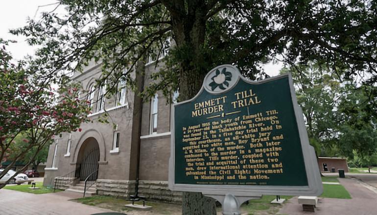 The Emmett Till historical marker outside the Tallahatchie County Courthouse (Photo courtesy National Parks Conservation Association)