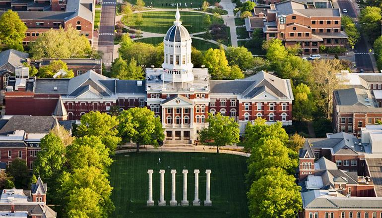 The University of Missouri-Columbia’s iconic columns stand in front of Jesse Hall (Photo courtesy University Missouri)