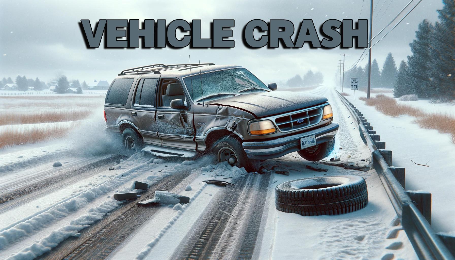 Ford Explorer vehicle crash or accident on snow covered road news graphic