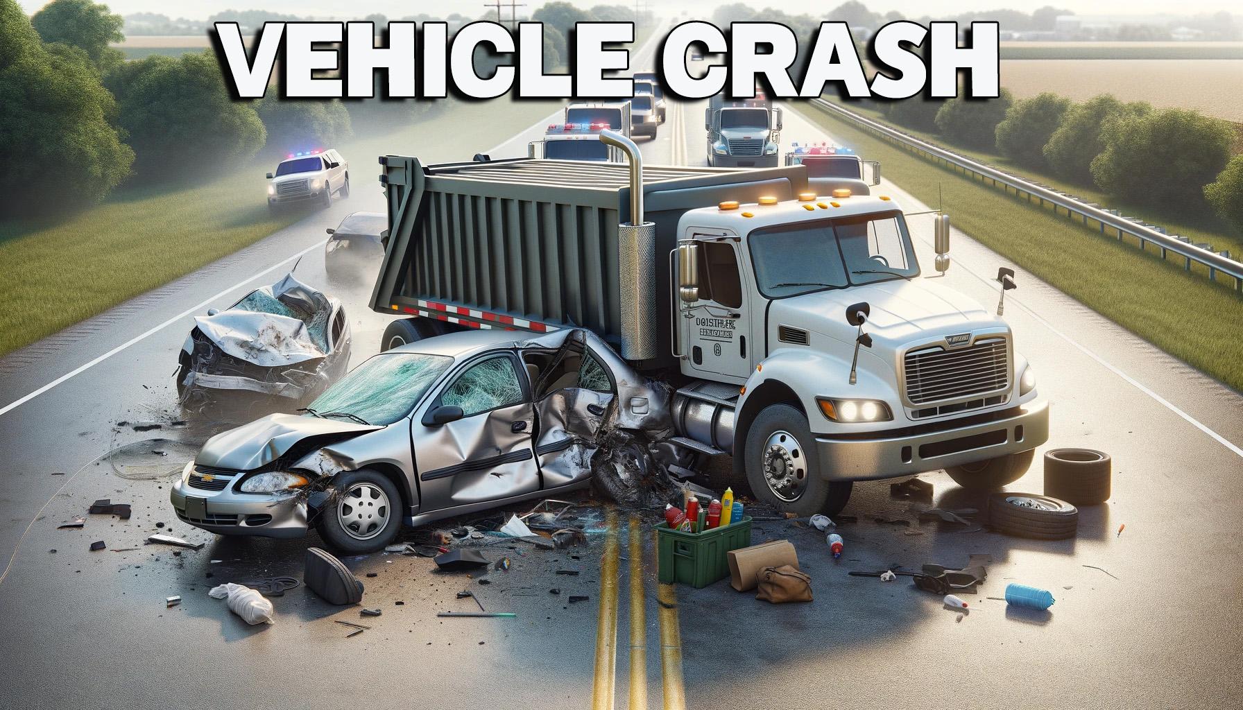 Freightliner Trash Truck and Chevy Cavaliar accident or crash news graphic