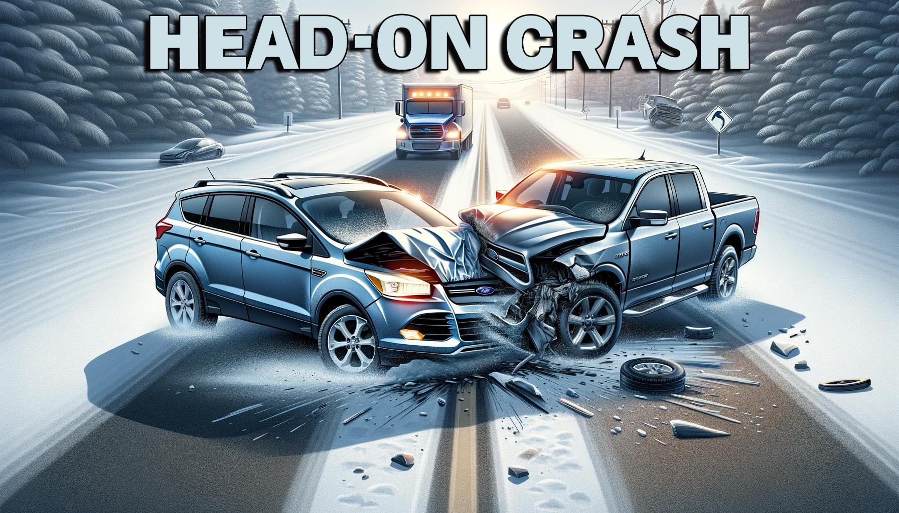 Head-on crash on snow covered road news graphic