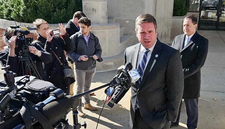 Missouri Attorney General Andrew Bailey speaks to reporters (Photo by Rudi Keller - Missouri Independent)