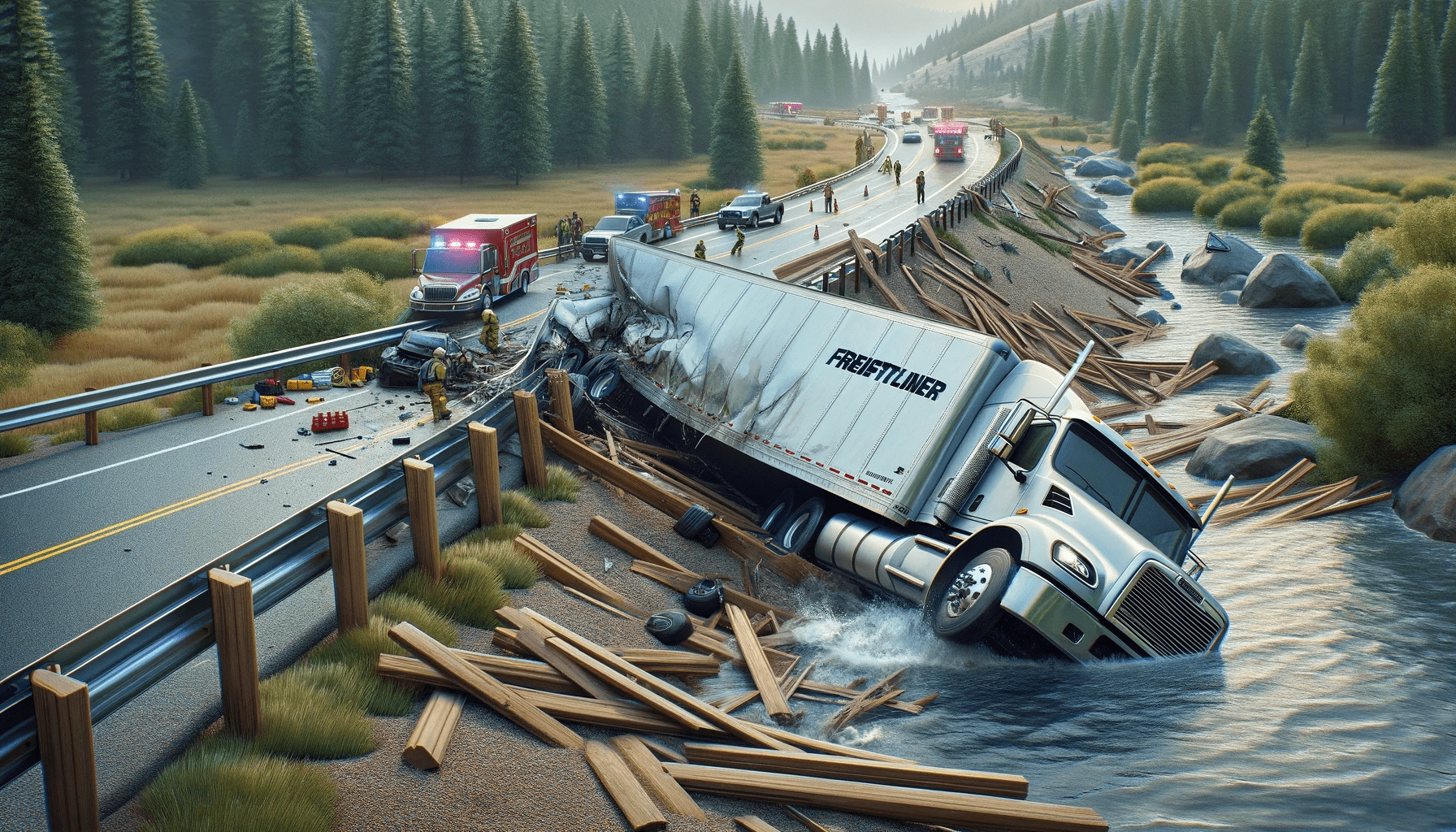 Big Rig Crashes into creek accident news graphic