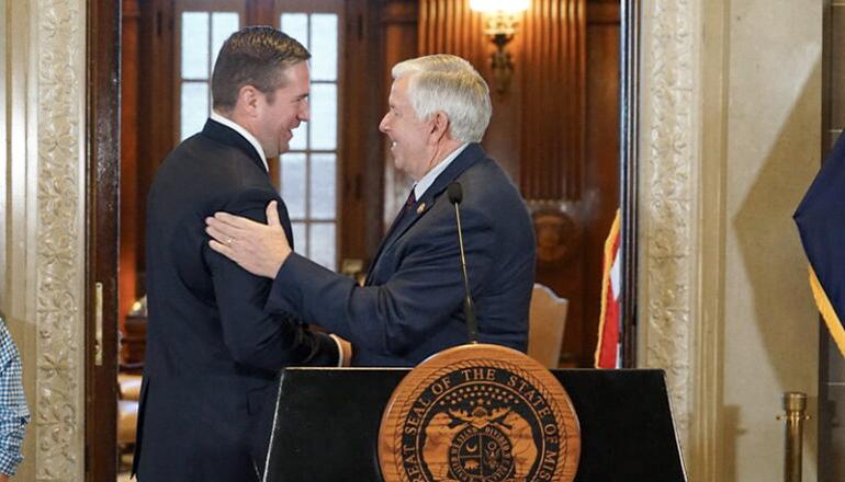 Missouri Gov. Mike Parson congratulates Andrew Bailey on being appointed attorney general (Photo courtesy Missouri Governors office)