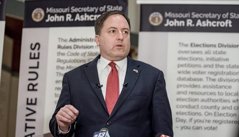 Missouri Secretary of State Jay Ashcroft speaks to reporters Dec. 20, 2023 (Photo by Annelise Hanshaw - Missouri Independent)