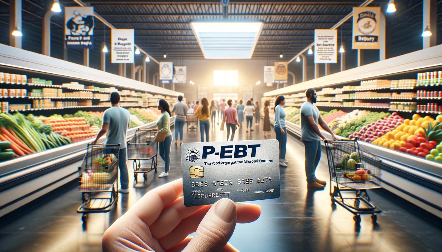 Grocery Store scene with P-EBT card as central element news graphic