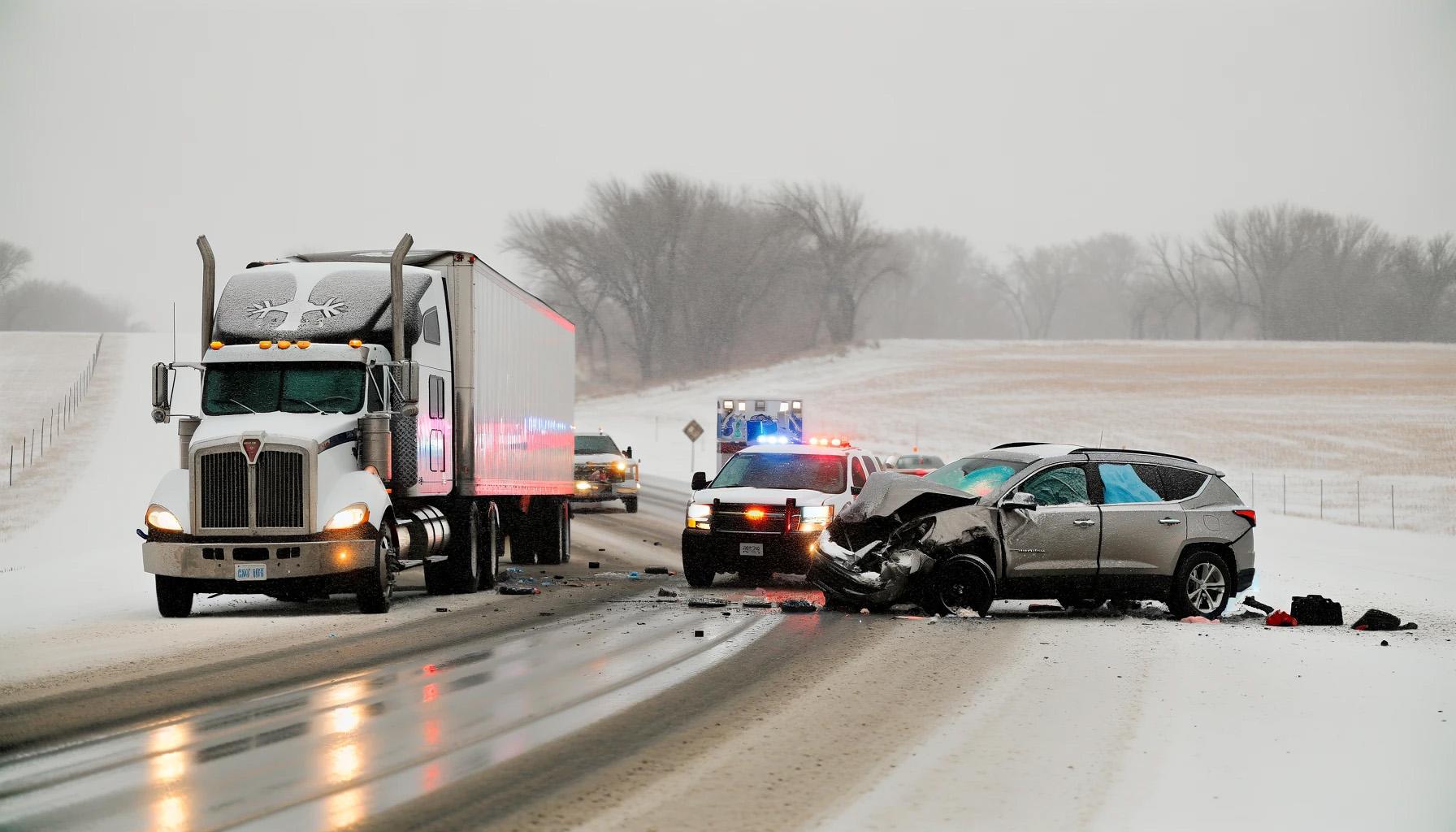 SUV and BIG rig crash on snowy road accident news graphic